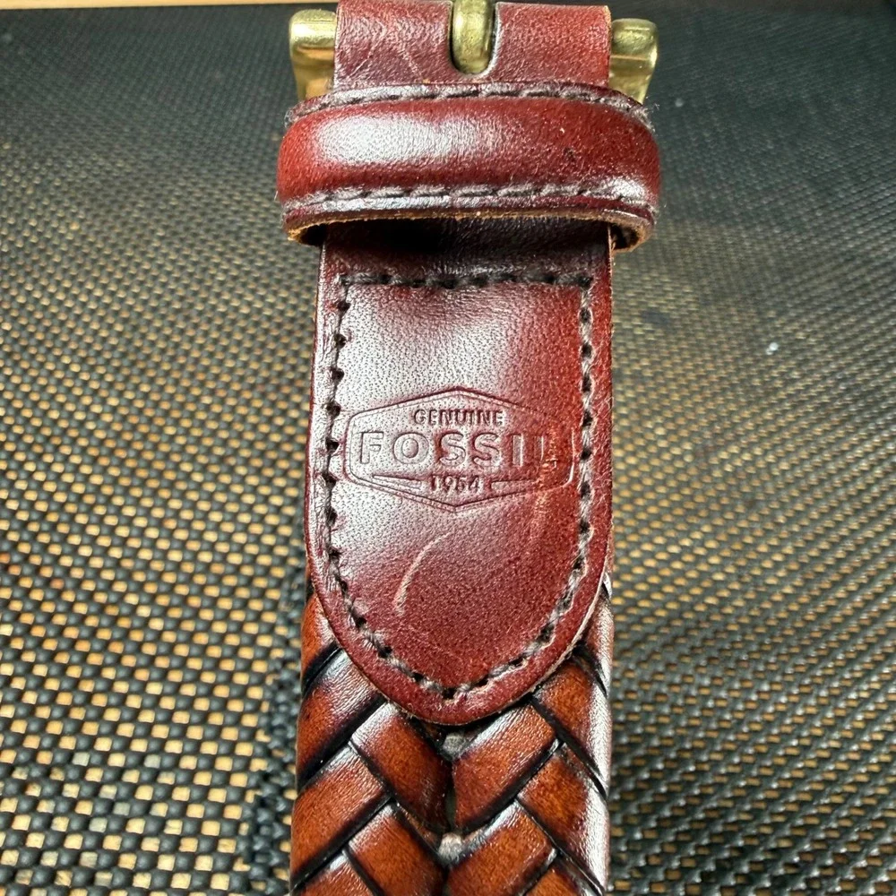 Fossil Braided Woven Belt Mens 32 Brown Leather Brass Buckle Casual Classic